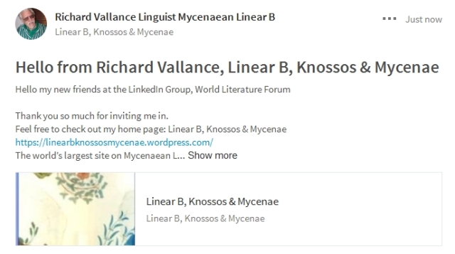 Hello from Richard Vallance Linear B, Knossos &amp; Mycenae